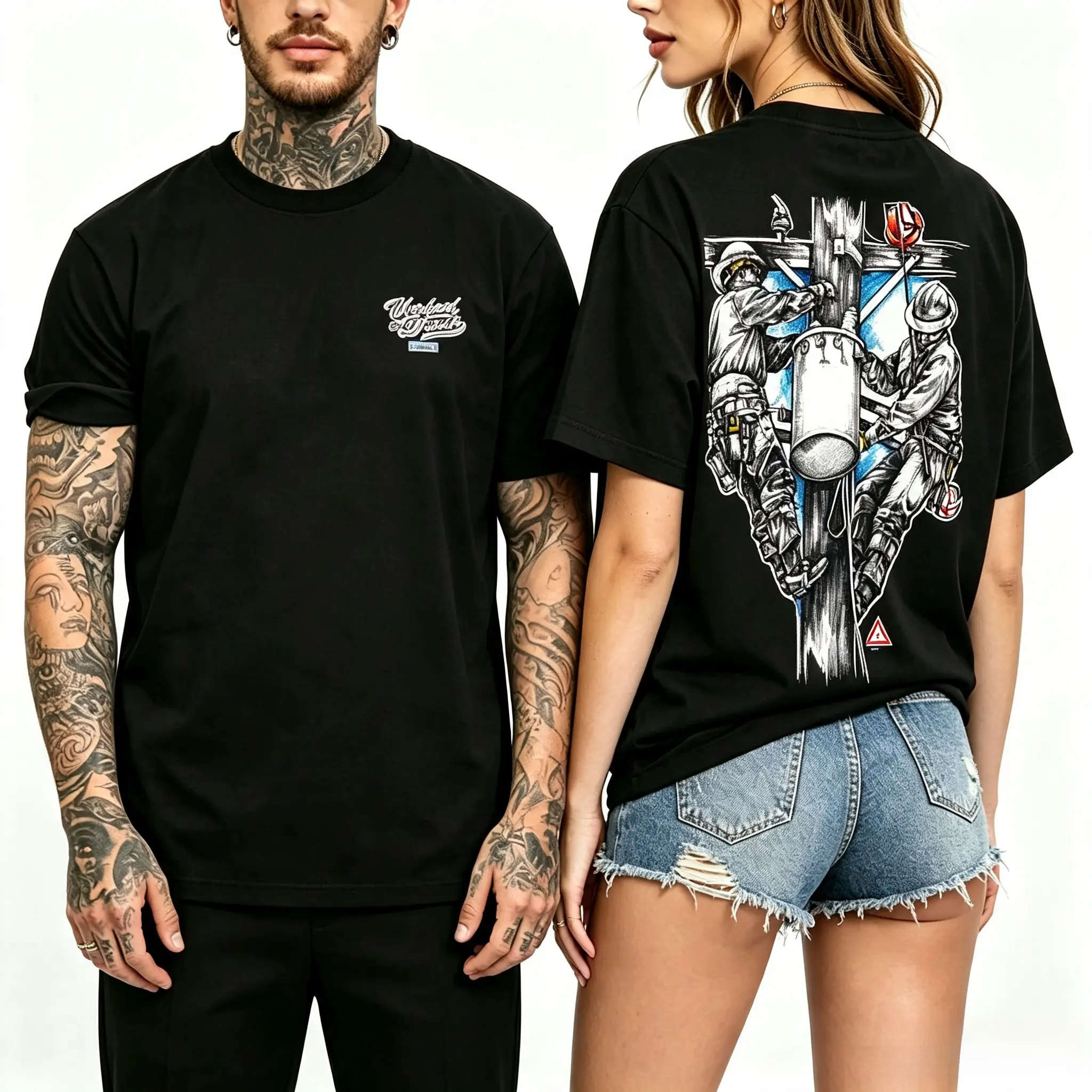 Worked To Death Lineman Graphic Tee (Viral) Power Line Worker Shirt 180g 100% Cotton Utility Pole Climbing Back Print Blue Collar Electrical Workwear T-Shirt Small Chest Logo Unisex Casual Streetwear Gift for Linemen TikTok Shop Deals