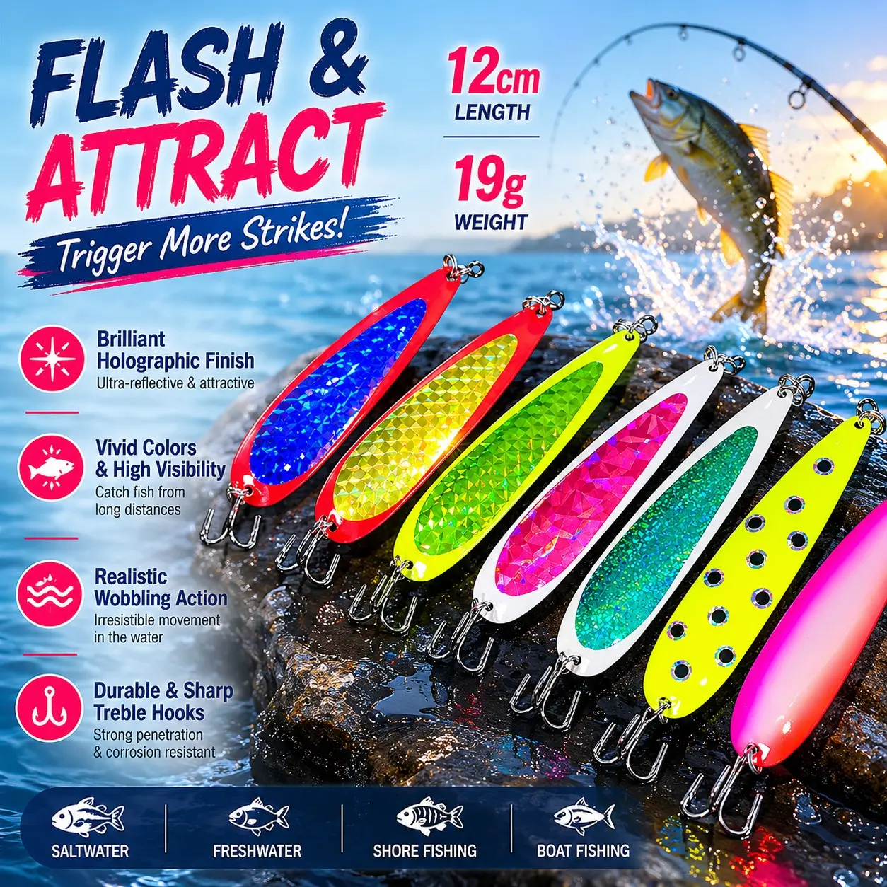 Fishingfans 12cm 19g Metal Jigging Spoon with Rotating Flasher, Ideal for Salmon Fishing, Boat Fishing Lure, Durable & Effective