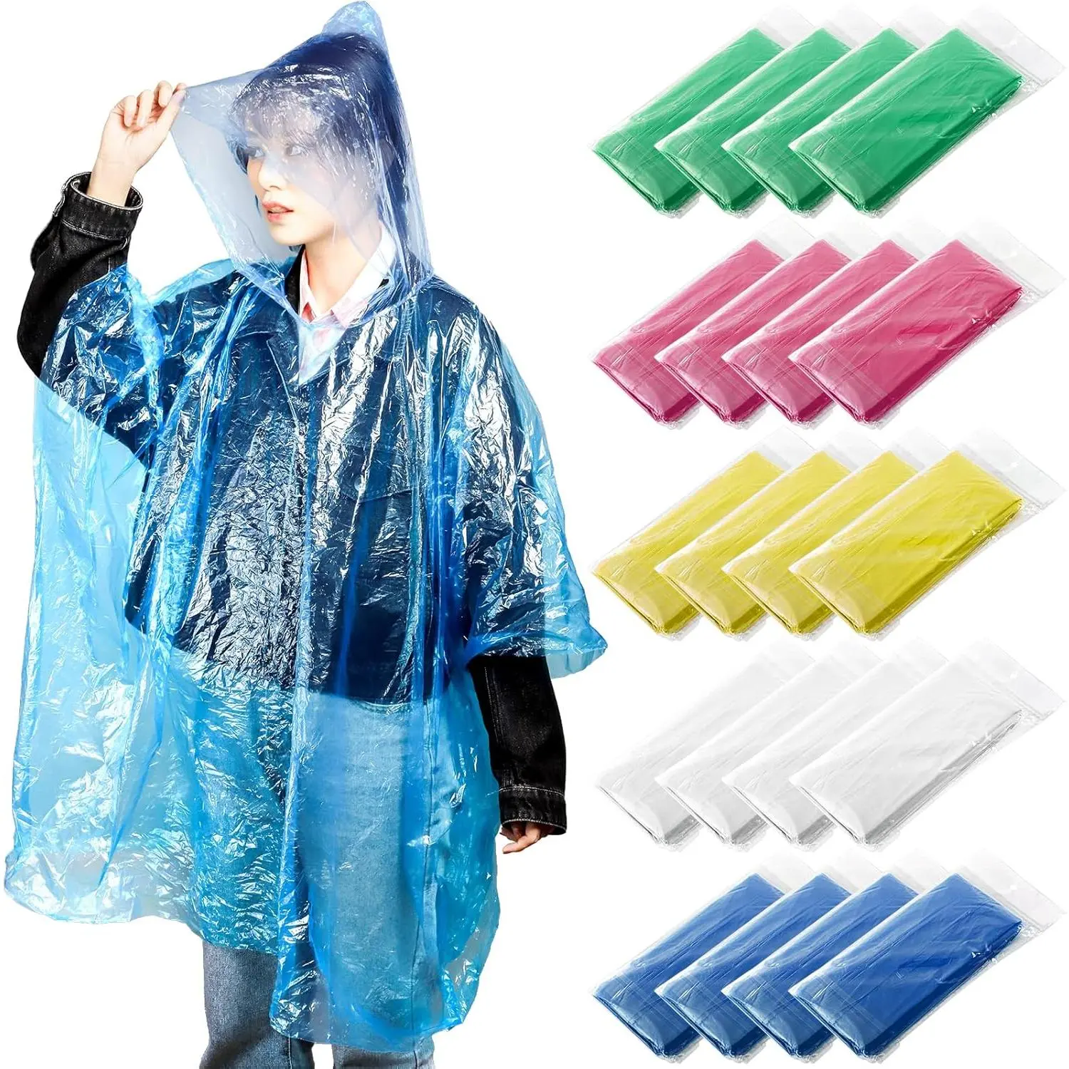 20 Pack Disposable Rain Ponchos  Adults, Clear Plastic Emergency Raincoats with Hood, Individually Wrapped Bulk Rain Ponchos Waterproof Family Pack Camping New model