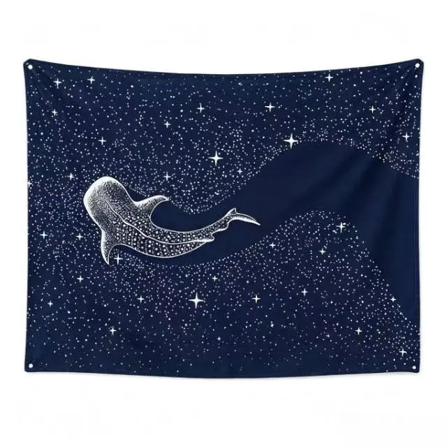 Ocean Animal Blue Whale Print Tapestry, Bedroom Decor,  Polyester Wall Hanging for Living Room, Horizontal Orientation, Knitted Peach Skin Velvet Fabric, Island, Sofa, Background Wall Home Art Decoration