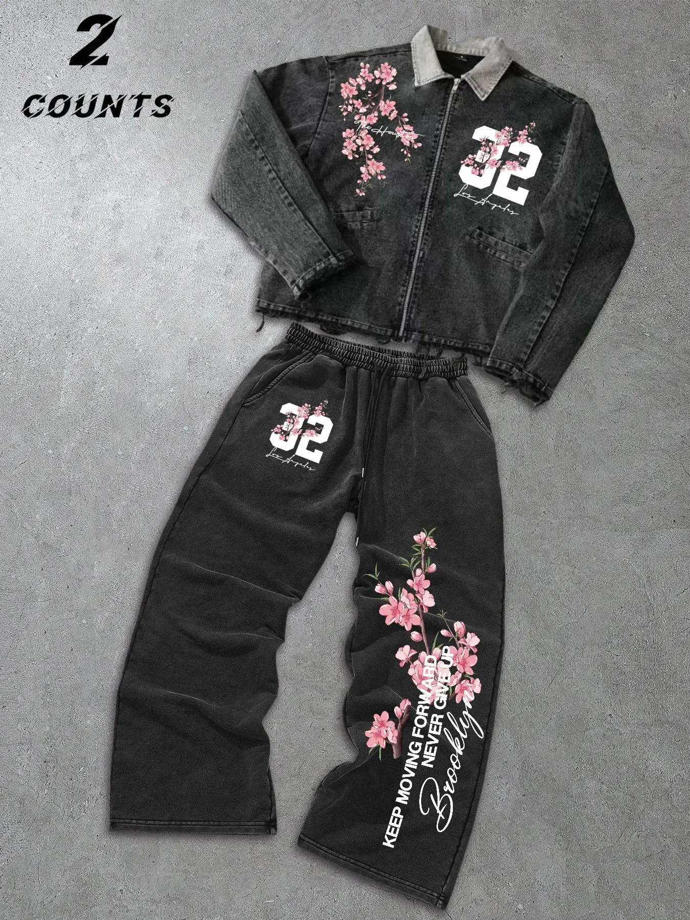 Y2K Washed Charcoal 2 Piece Tracksuit Set - Cherry Blossom Floral & Number Printed Zip Collar Jacket with Drawstring Wide Leg Sweatpants Retro Streetwear Co-ord Outfit