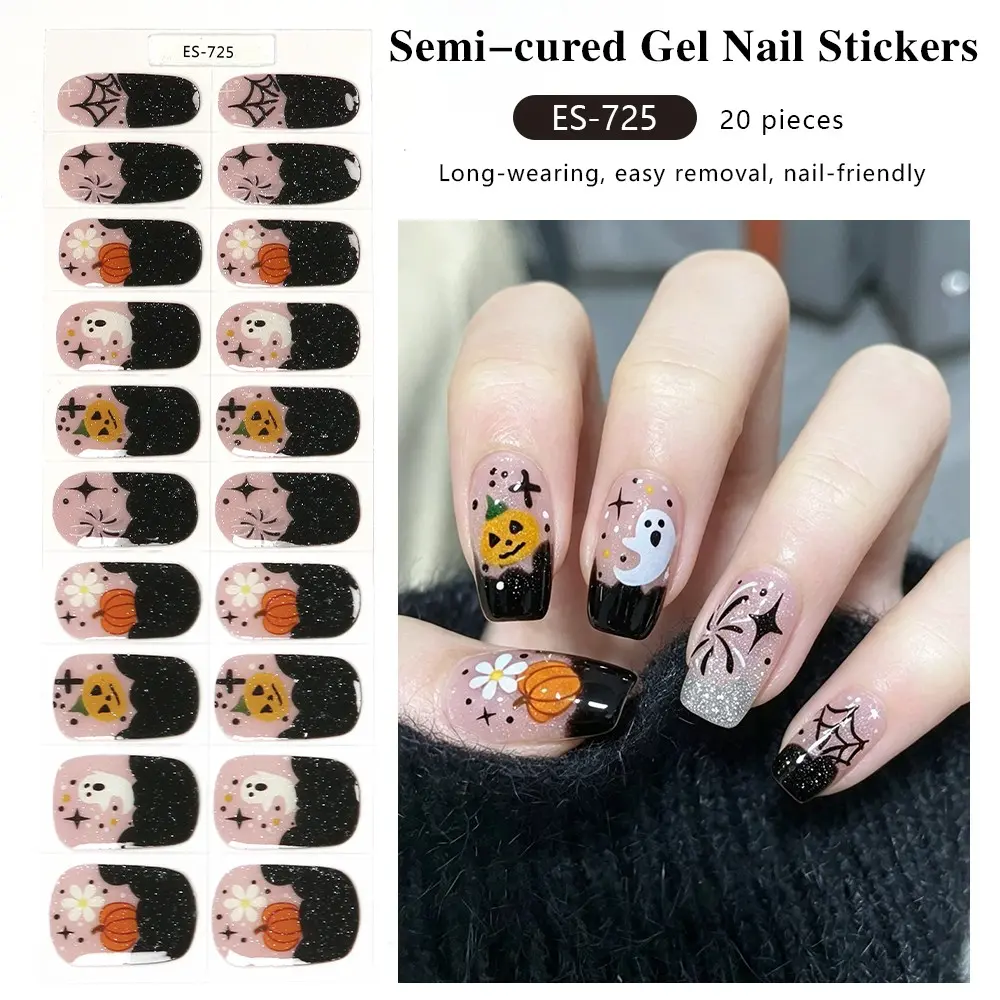 Cute Halloween Gel Nail Art Stickers, Pumpkin Lantern Spider Web Star Moon Design, 20-Piece Semi-Cured UV Curing Nails, Es725 Model