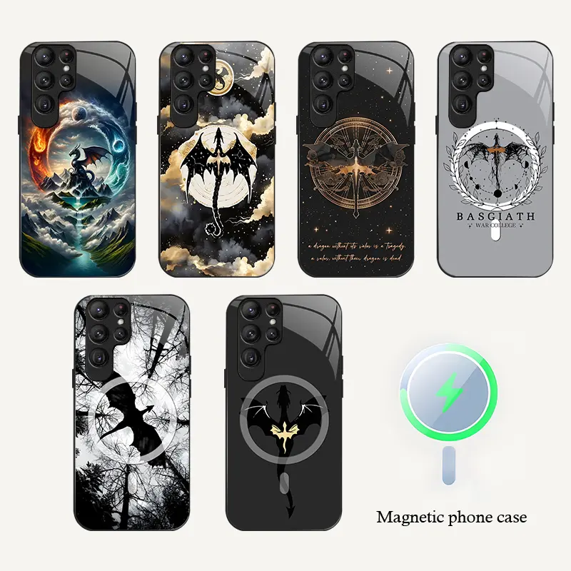 Magnetic Glass Black Dragon Phone Case  for【Galaxy S23 Ultra】, Gothic Dark Fantasy Aesthetic Shock‑Resistant Cover----9435