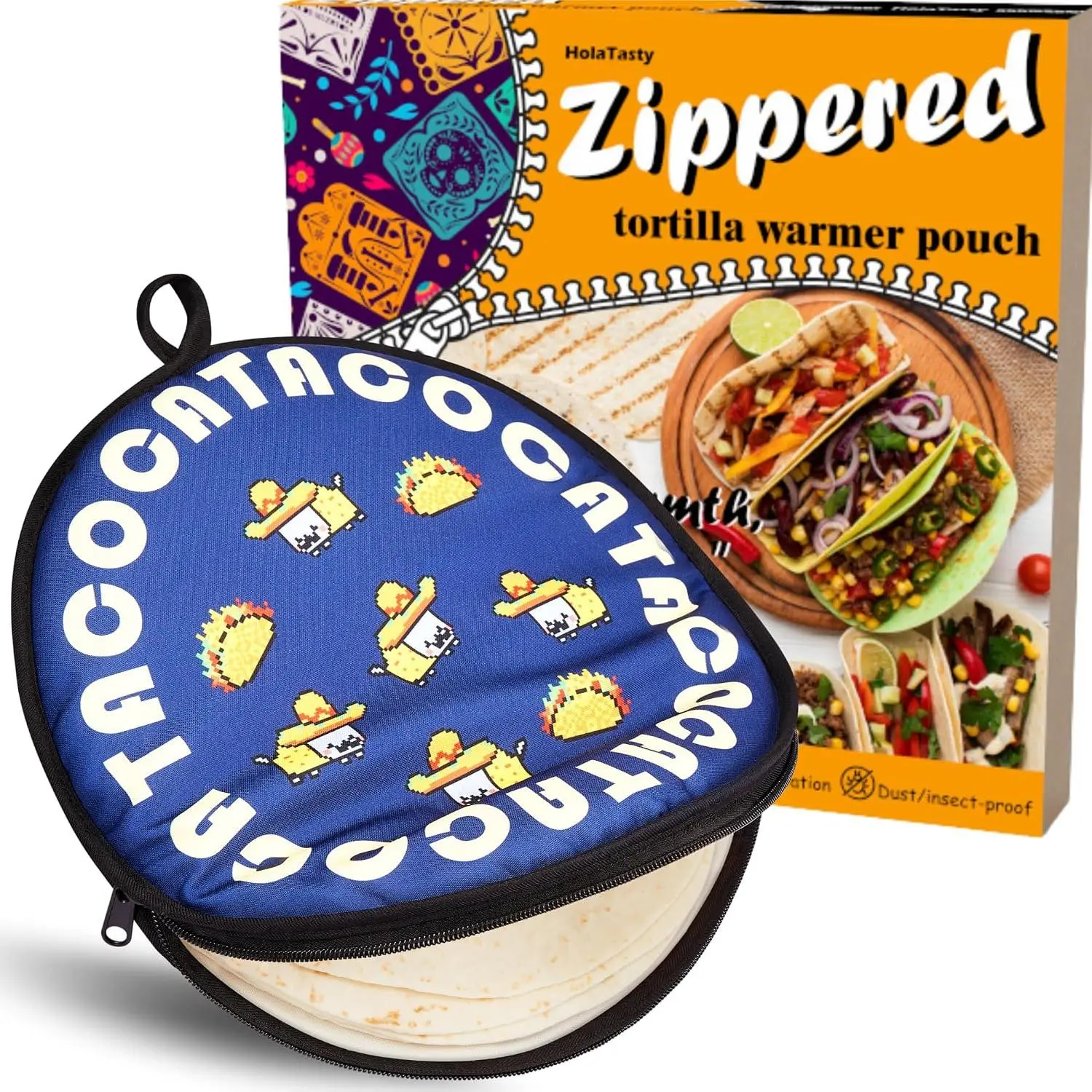Zippered Tortilla Warmer Pouch - Fit 10’’ Burrito Size Tortillas, Insulated Fabric - Semicircular Secure Zipper, Microwavable Portable Taco Holder - Funny Taco   for  Lovers & Gamer, 12 Inch