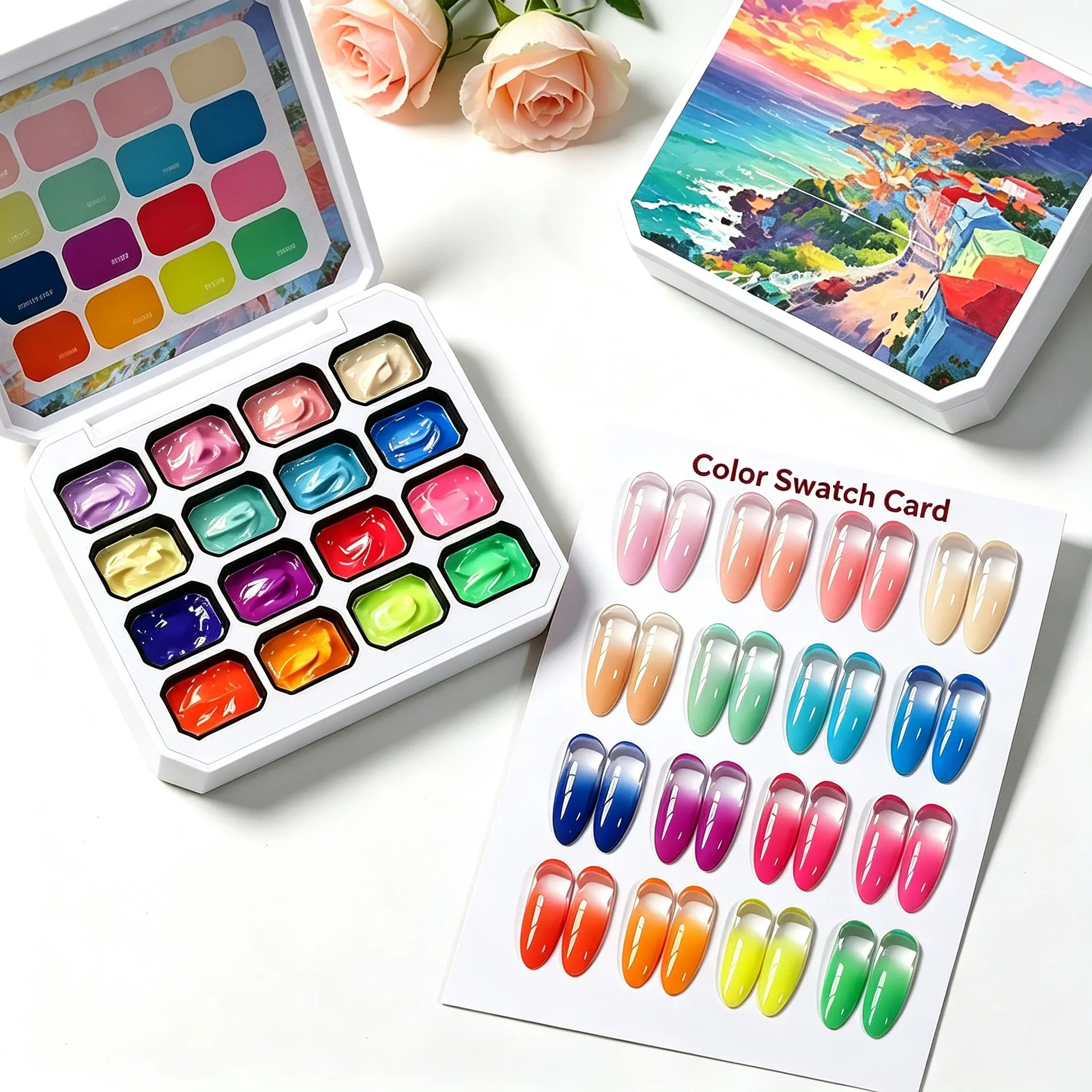 4 in 1 Pat Painting Gel Palette 16 Shades, 3 Color Collections, Cream Soak off Uvnail Paint, Fingernail Polish, Manicure Supplies for Nail Artists & Starters