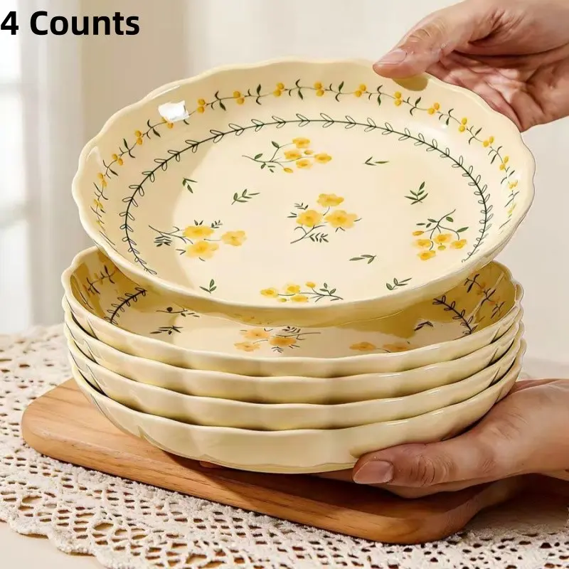 4 Counts Modern Yellow Daisy Ceramic Dinner Plates, Large Serving Plates, Microwave Oven Dishwasher Safe for Daily Kitchen Dining, Dinnerware Ceramic Plates