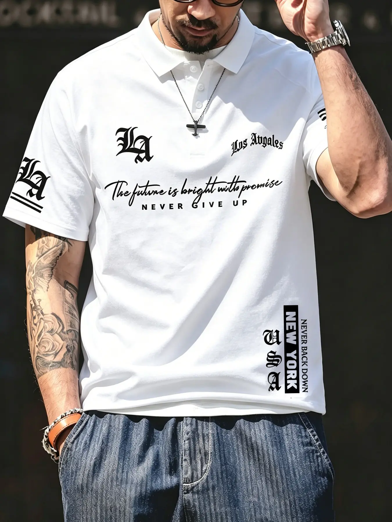 Men's American casual street style classic polo shirt with short sleeves, black polo shirt featuring Los Angeles-themed prints. Perfect for light business and everyday casual wear. A great gift for a boyfriend or father.