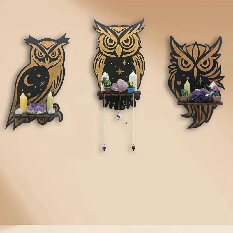 Wooden Owl Crystal Display Shelf, Black Gold Engraved Star Heart Owl Wall Mount Floating Shelf, Gothic Witchy Crystal Stone Holder Wall Decor, Spiritual Wicca Altar Wall Rack for Crystals Essential Oils Figurines