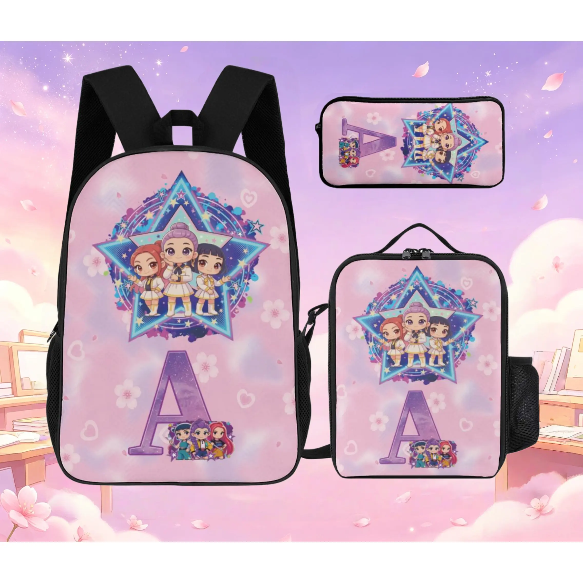 NEW K-POP CARTOON GIRLS BACKPACK, Pink Floral Princess Print Kids School Book Bag, Large Capacity Padded Lightweight Daypack, Relieve Shoulder Pressure, Cute School Travel Backpack Gift For Little Girls, Essential Three Piece Set for Back to School Season
