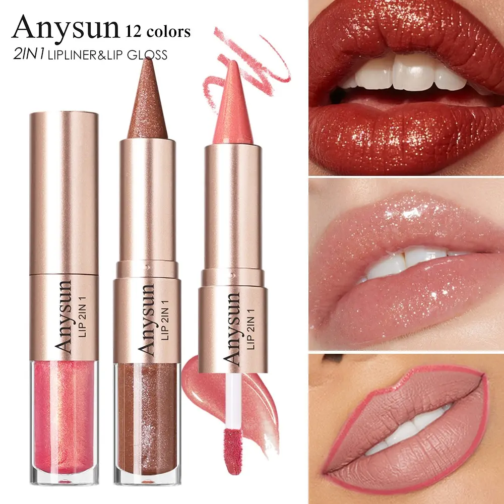 Double Head Mirror Lip Line Lipstick Two in One Waterproof Color Rendering Hard To Take Off Lipstick Lipliner+lip Glaze Combination Lipstick Shiny Lip Color
