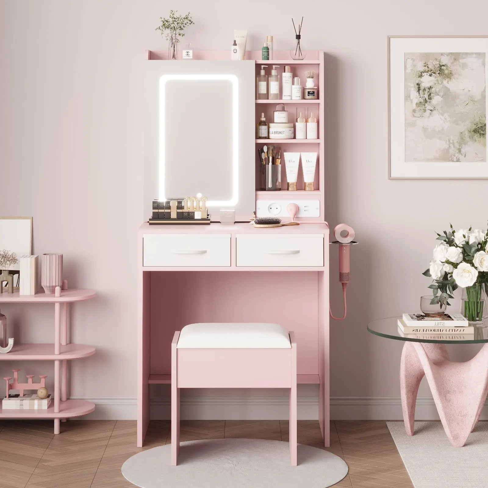 Makeup Vanity Desk with Mirror and Lights – Dressing Table Set with Charging Station, Stool, 2 Drawers, Open Shelves, USB Ports & RGB Cabinets