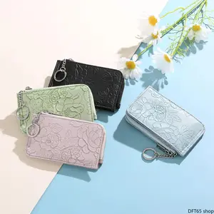 Emboss Printed Slim Zipper Card Wallet Multiple Independent Card Slots Built In Detachable Key Ring Large Capacity Coin Compartment Thin Flat Silhouette For Women Travel Daily Commute Portable Small Storage Accessory