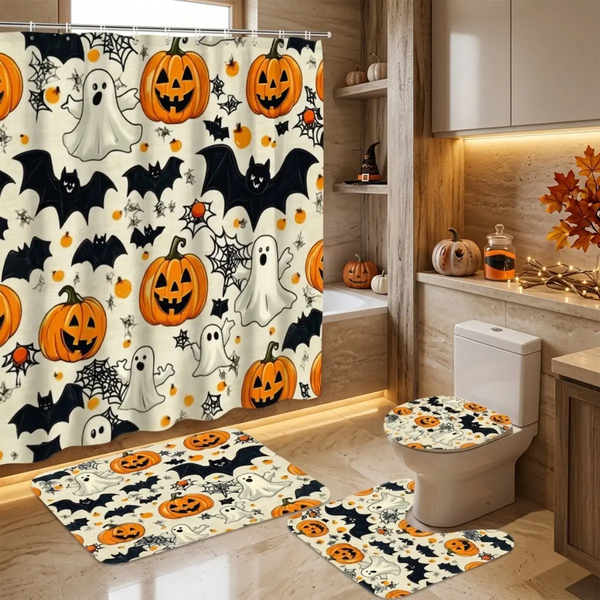 4pcs Halloween Jack-o’-Lantern Ghost Bat Spiderweb Bathroom Shower Curtain + Bath Mat Set (4pc), Cream Background Repeating Spooky Pattern, Modern Farmhouse Home Decor for Fall TikTok Shop Trending, Funny Shower Curtains for Bathroom