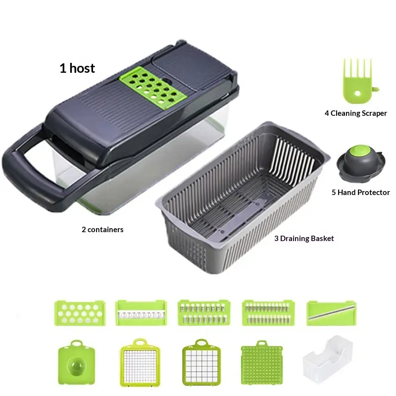 Sturdy Multi-Purpose Vegetable Chopper Slicer Set - Stainless Steel Blade, Adjustable Thickness Mandoline, Interchangeable Replaceable Inserts, Transparent Home Kitchen Prep Tool for Vegetables, Fruits, 15 Pieces, Home Use