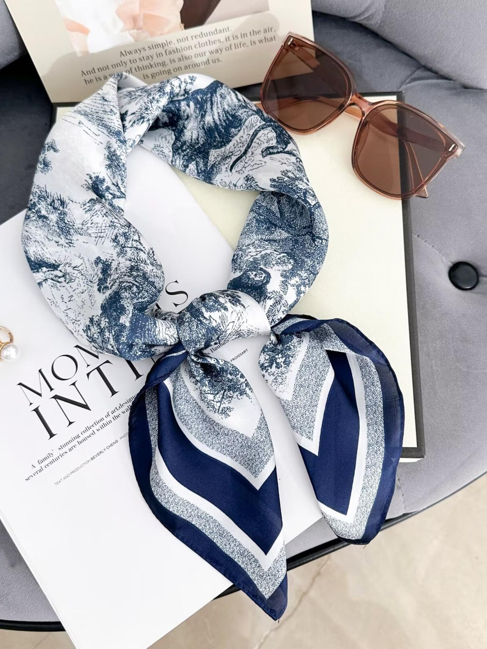 27.6 Inch Square Scarf with Landscape Print for Women, Fashionable Headband with Silk-like Elegance, All Seasons Casual Accessory for Style Enthusiasts