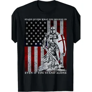 Stand Up For What You Believe In Even If You Stand Alone Templar Knight Cross Shield Vintage Distressed USA Flag Graphic Short Sleeve Crew Neck Tee, Patriotic Christian Retro Regular Fit Slight Stretch Knit Casual Mens Top for Faith Patriot Daily Street O
