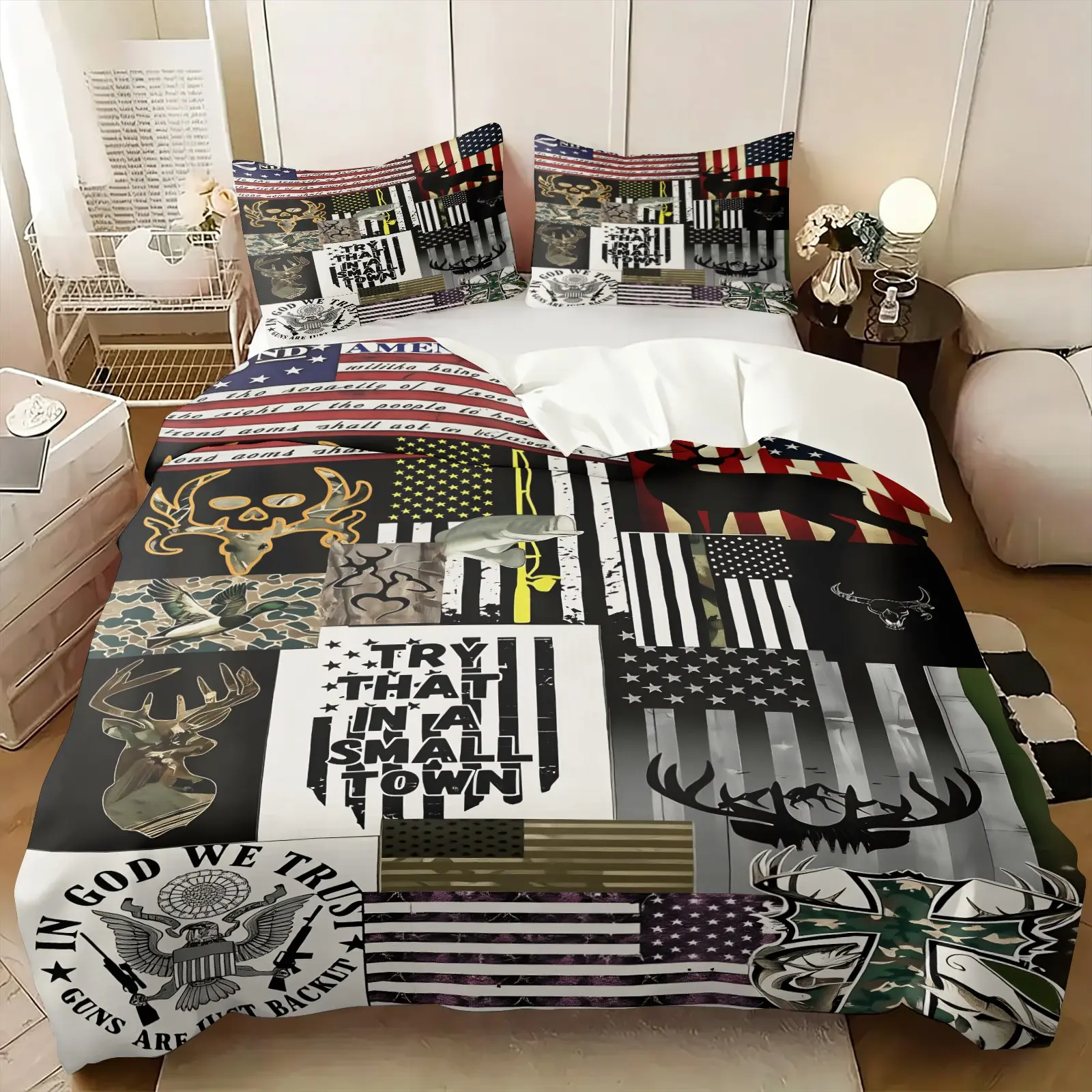 Vintage Camouflage Buck Deer Hunting USA Flag Print Duvet Cover Set, Including 1 Duvet Cover & 1-2 Pillowcase, Print Bedding Set, Wildlife Outdoor Hunting Pattern Print, Gift for Kids, Teens and Adults, Hunter Gift for Outdoor Sports Fans
