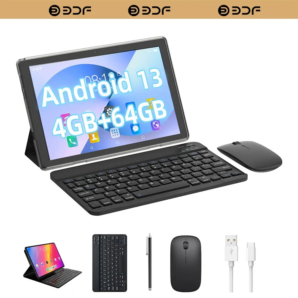 Bdf 10.1-Inch Android 13 Tablet, 4GB RAM, 64GB Storage, Dual Cameras, Keyboard, Case, Mouse, Stylus, Home & Office Use