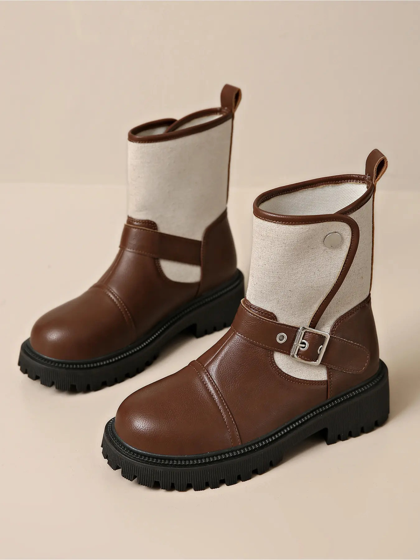 Ladies Vintage Patchwork Mid Pu Leather Boots Multi Buckle Strap Lug Sole Fashion Boots