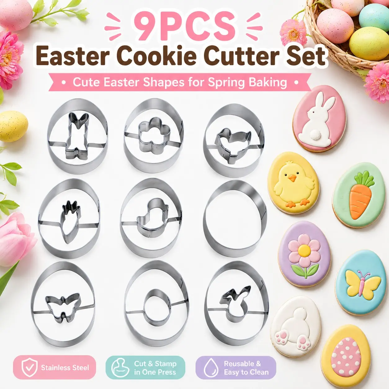 9-Piece Stainless Steel Cookie Mold Set, 3D Rabbit and Egg Shapes, DIY Cookie Molds, Holiday Party Decor, Easter Theme Baking Tools