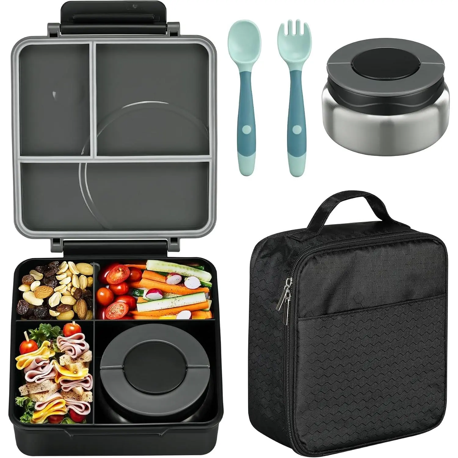 Bento Lunch Box Set for  with 8oz Soup Thermo, Leak-Proof Lunch Containers with 4 Compartment,  Thermo Hot  Jar and Insulated Lunch Bag for  to School-Black