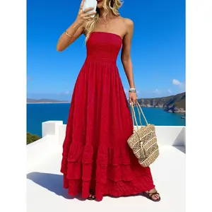 prom,dresses,nigeria,Off-Shoulder,Satin,Silk Maxi Dress,wedding,guest,purple,Women's Elegant Bohemian Beach Vacation Casual Solid Color Dress, Fashionable Strapless Sleeveless Multi-Layer Flared Bubble Maxi Dress