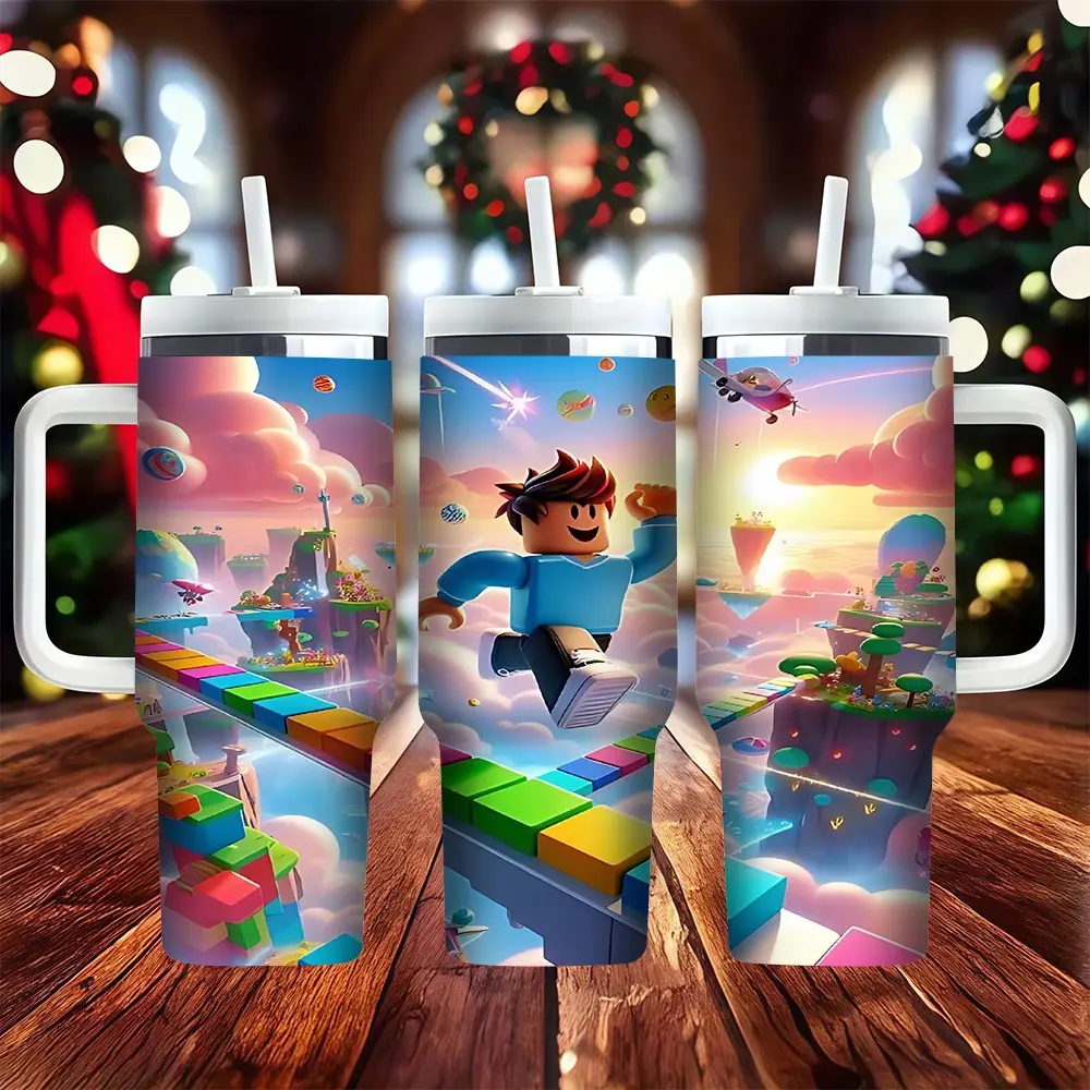 1pc Roblox Dream World Pixel Art 40oz Tumbler with Handle & Straw - Stainless Steel Insulated Cup- recommended for hand washing, perfect for running and outdoor activities - ideal gift for Christmas and Valentine's Day