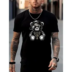 Cartoon bear pattern print, men's casual T-shirt, spring/summer short-sleeve shirt, fashionable and versatile, plus size, extra large size