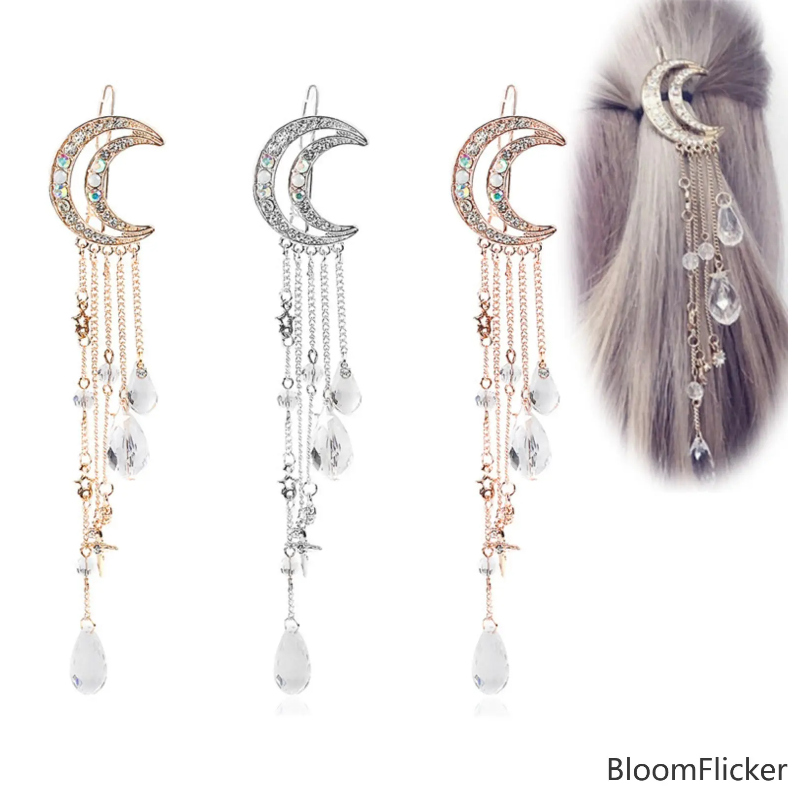 3Pcs/1Pcs Vintage Rhinestone Moon Tassel Metal Hair Clips, Dainty Teardrop Pendant Side Barrettes, Elegant Sparkly Decorative Hair Accessories For Daily & Party Hairstyling