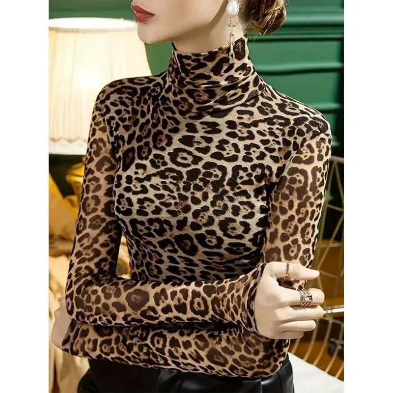 Women's Leopard Print Turtleneck T-Shirt Graphic Cheetah Print Tees Women Tops Fall Cloth For Women Long Sleeve Blouses