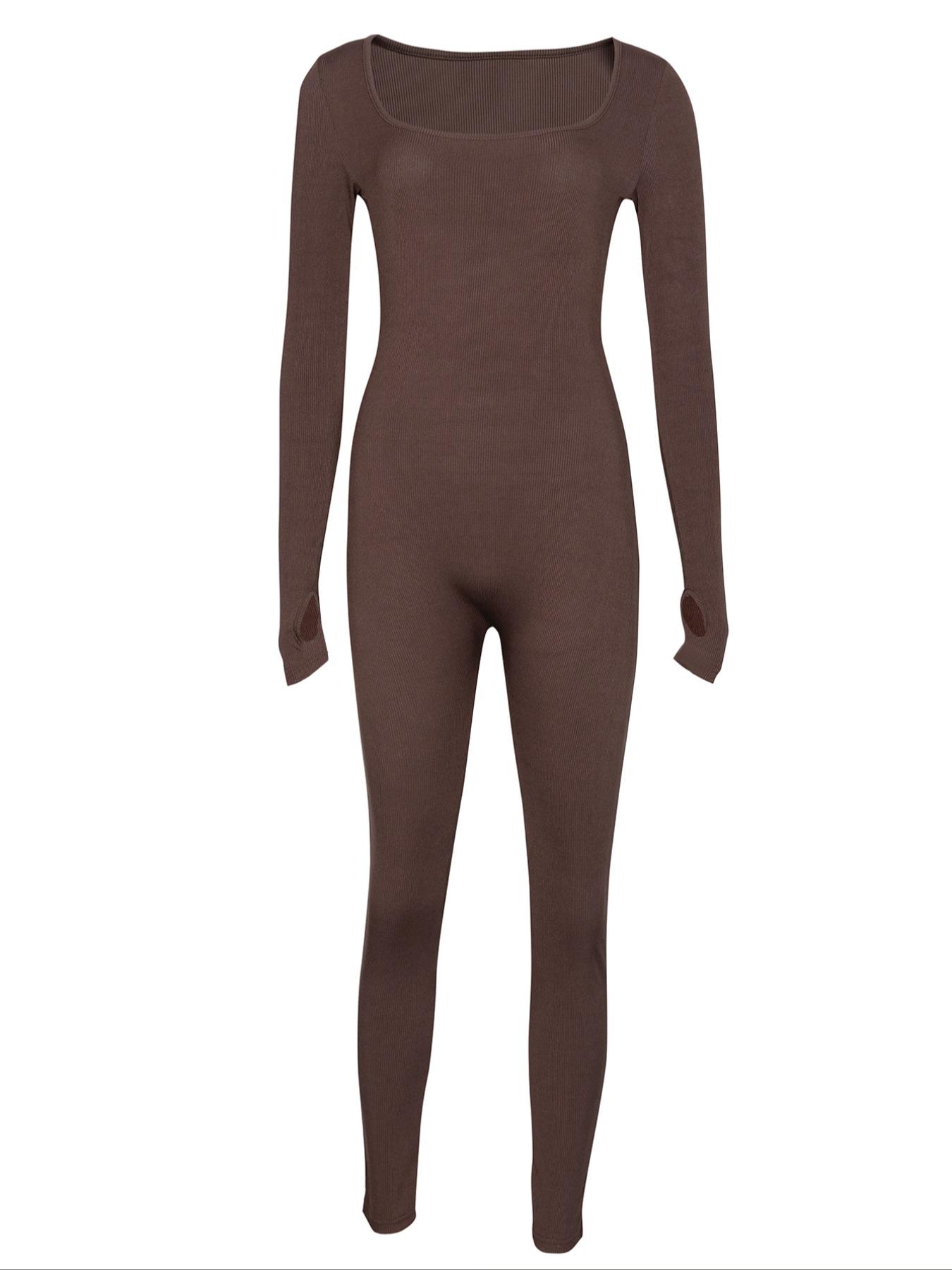 Women's Ribbed Thumb Hole Design Lounge Body Shaping Jumpsuit, Slim-Fitting Home Wear for All Seasons, Women's Loungewear Footed Jumpsuit