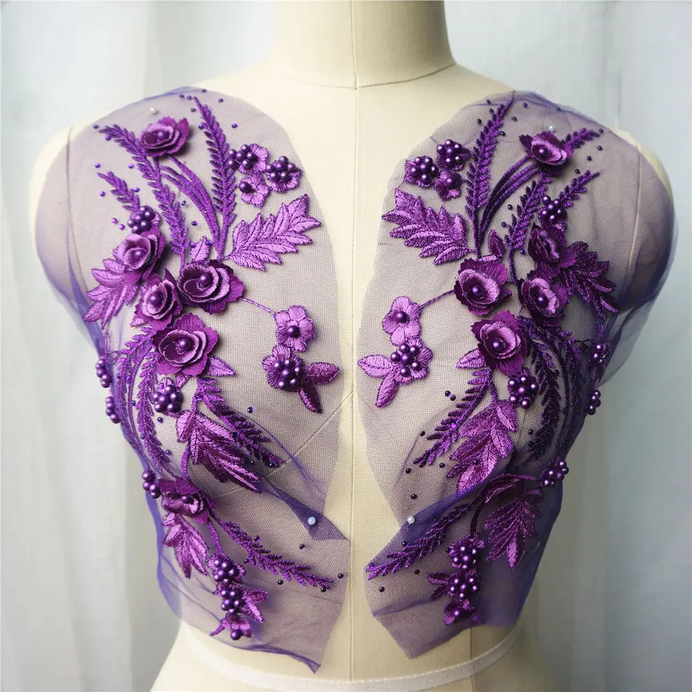 2PCS Purple Embroidered Lace Fabric 3D Flower Tassel Beads Rhinestone Applique Sewing Patch For Wedding Gown Appliques Dress DIY Decor