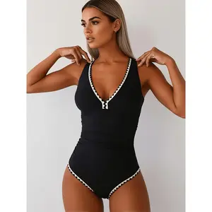 Women'S 2026 Summer Fashion White 1pc Swimsuit with Serrated Color Block Trim, Ruched Waist High Cut Leg Swimwear, Tummy Control Beachwear for Vacation, Pool Party& Water Activities
