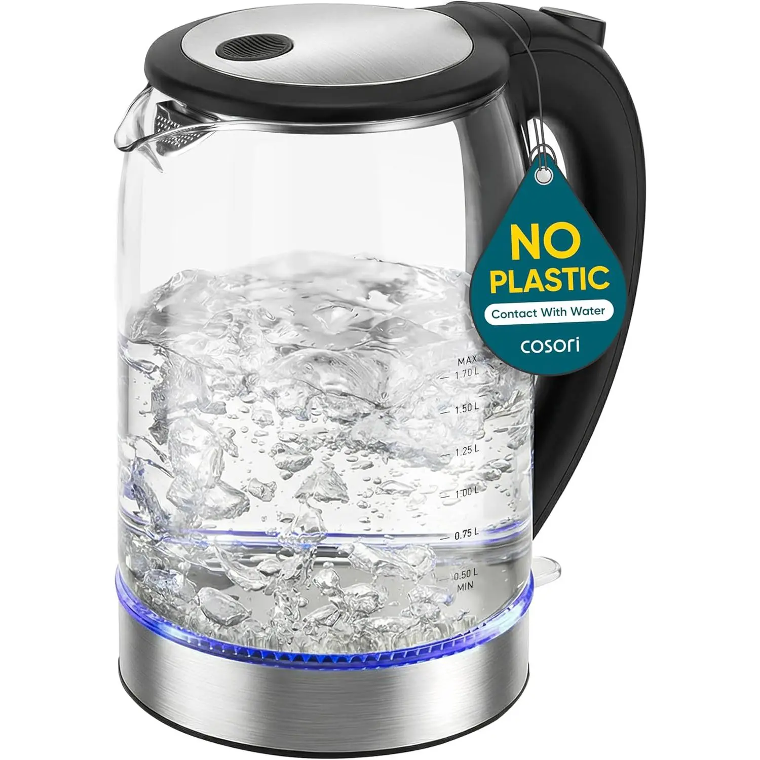 Electric Kettle, No Plastic Contact With Water, Wide Mouth For Easy Cleaning, Auto Shut Off, 1.7L Tea Kettle & Hot Water Boiler, Water Heater & Teapot, Borosilicate Glass, Black, 1500W