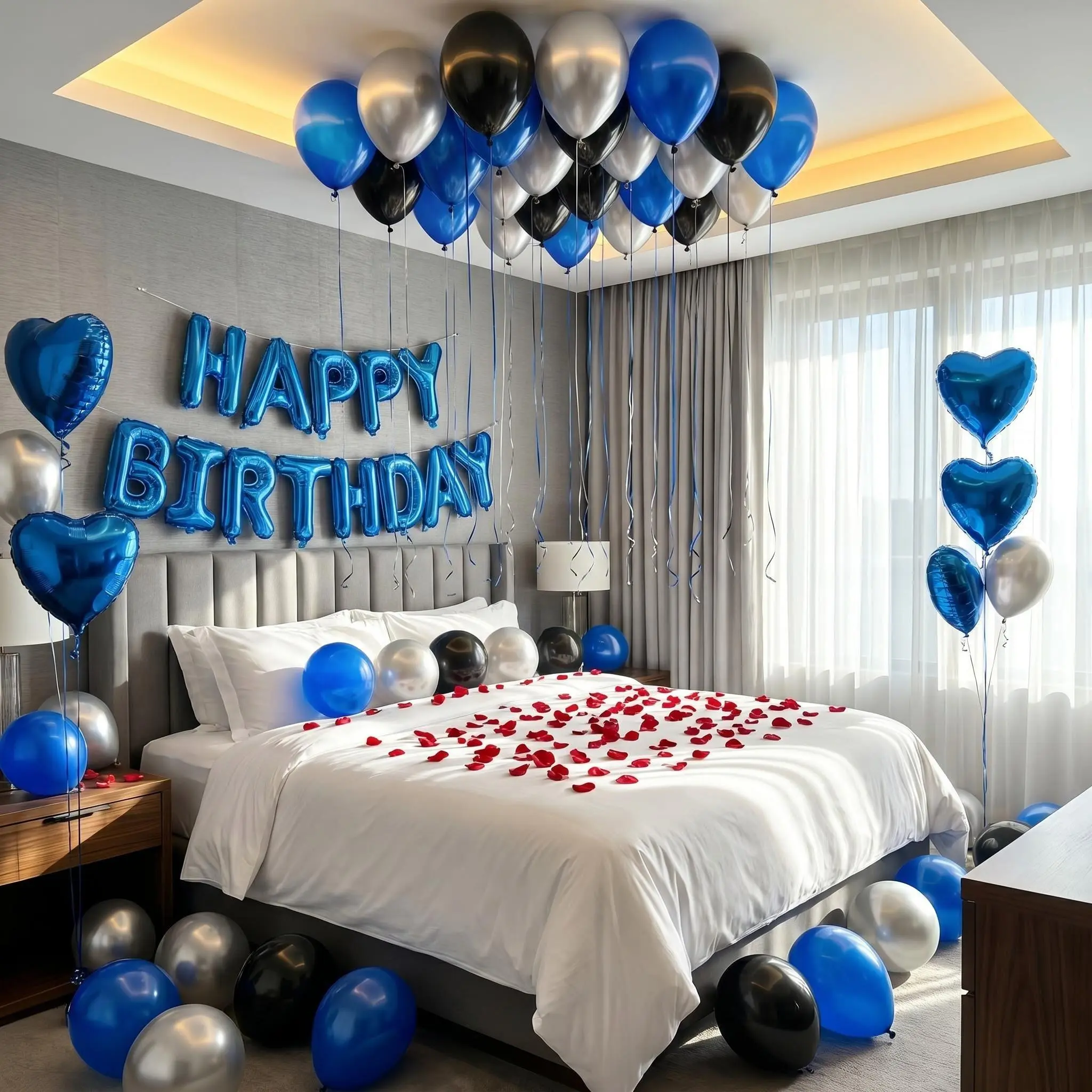62PCS Dark Aesthetic Blue Indoor Birthday Party Decoration Set - Happy Birthday Banner, Heart Shapes Foil Balloons, Blue Black Silver Thick Latex Balloons, Curling Ribbons, Romantic Couples Backdrop
