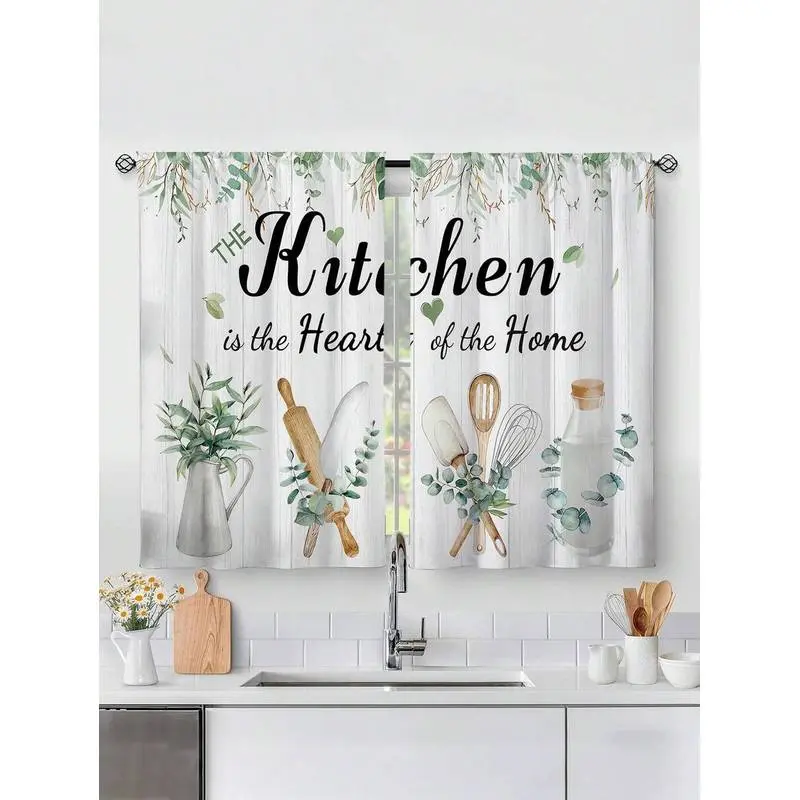 Home 2-Piece Polyester Plant & Letter Print Short No-Hole Kitchen Curtains, 2-Piece Set for Indoor Kitchen Room Decor, Short Drapes for Multi-Scene Use