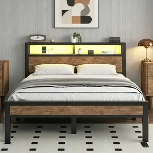 Industrial Metal Platform Bed Frame with 2-Tier Storage Headboard, RGB LED Lights & Built-in USB Charging Station, Noise-Free Design, Sturdy Support Legs, No Box Spring Required
