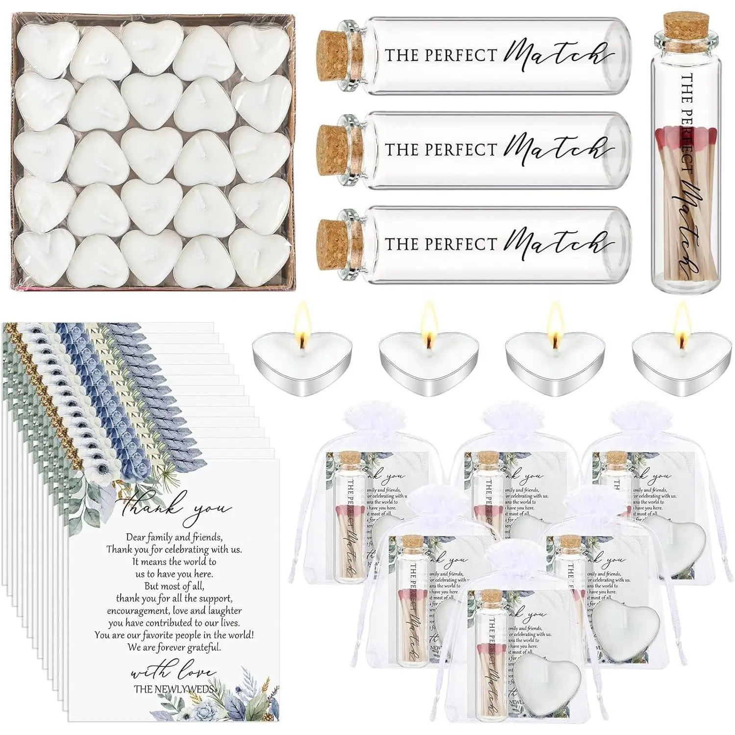50 Sets Wedding Party Favors for Guests Bulk Including Heart Shaped Candles and Empty Matches Jars with Cork Top Thank You Cards and Organza Bags for Wedding Bridal Shower Party (Blue Flower)