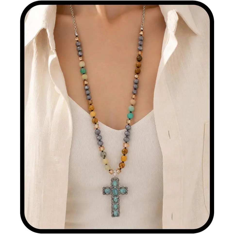Women's Cross Necklace, Western Turquoise Beaded Long Necklace, Vintage Bohemian Style Pendant, Silver-Toned Natural Stone Look, Cowboy Fashion Jewelry, Suitable as a Gift for Concerts, Vacations, and Other Occasions (Turquoise Color)