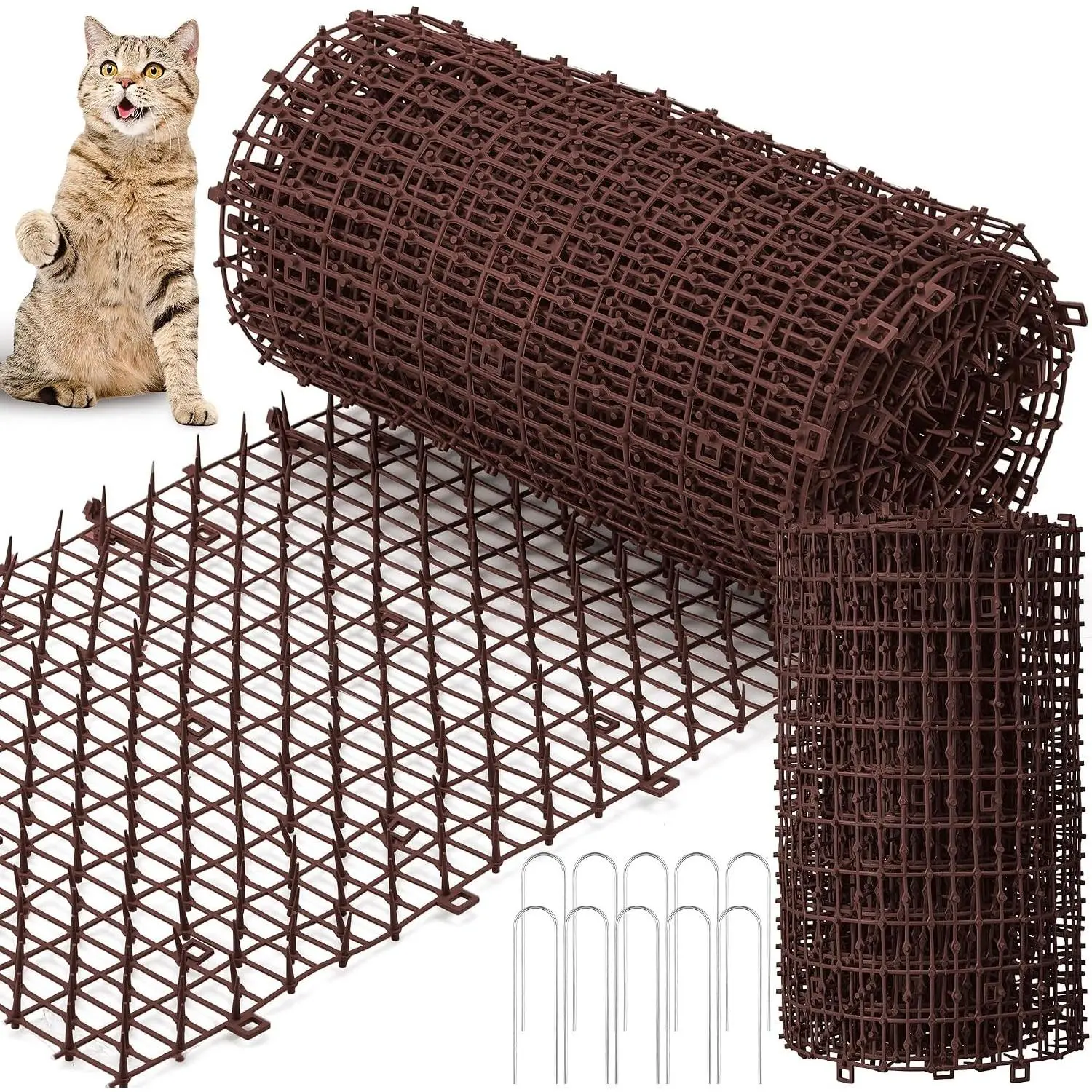 2 Pcs 26.3 ft Cat Spike Mat Outdoor Cat Deterrent Mat with Spikes Prickle Strips Indoor Dog Digging Deterrent Anti Network Spikes with 10 Staples for Garden Fence(Brown)