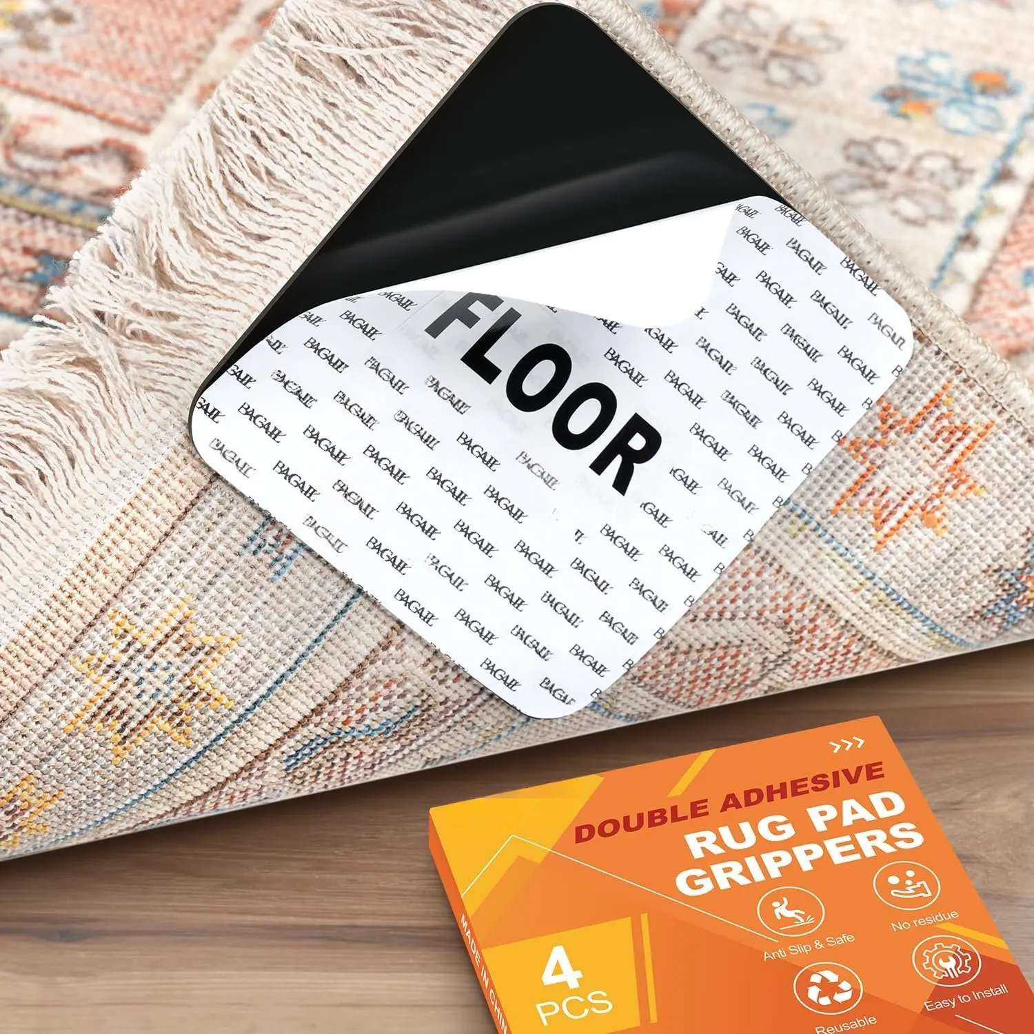 Rug Grippers (4 Count, 4x4in) - Low Profile Double Sided Tape, Non-Slip Slip Prevention for Hard Floors, Hardwood & Tile, Indoor/Outdoor Adhesive for Pets & Family to Stop Sliding & Tripping Hazards