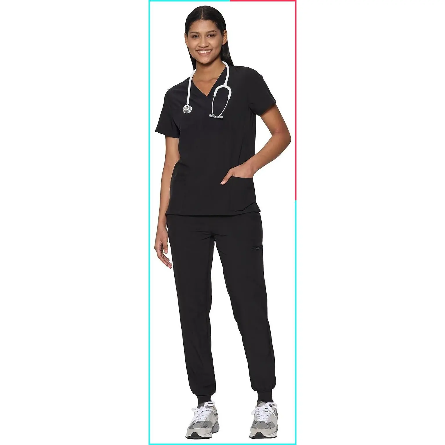 Women's Stretch V-Neck Scrub Set with Jogger Pants, 9 Pockets, Yoga Waistband, Water Resistant, Slim Fit Medical Uniforms for Nurses & Clinics