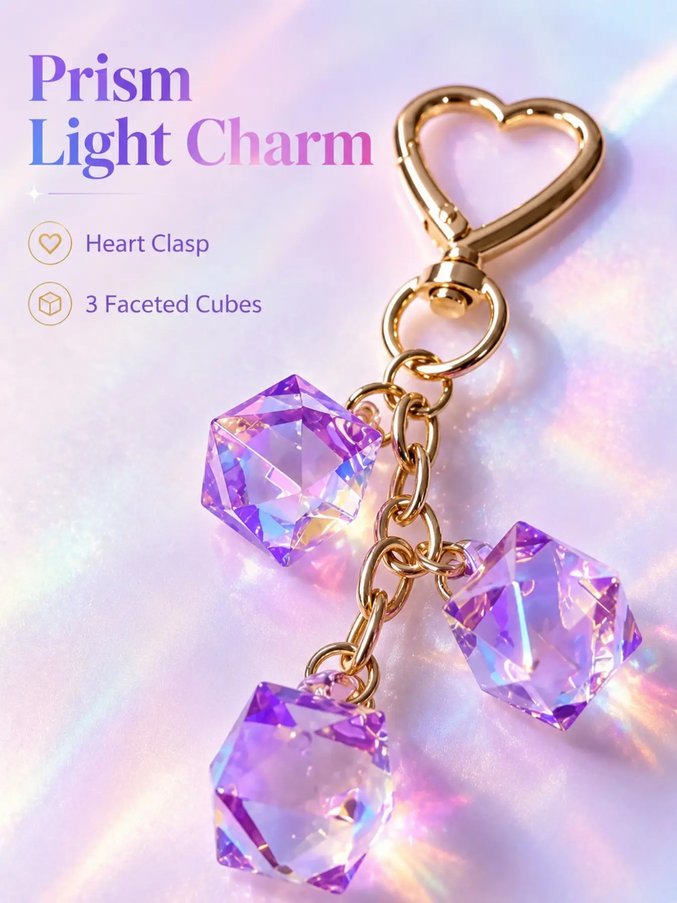 Iridescent Multi-Facet Crystal Cube Bag Charm | Heart Carabiner Keychain, Transparent Geometric AB Iridescent Acrylic Crystal Beads, Pastel Aesthetic Accessory for Teen Girls & Crystal Collectors