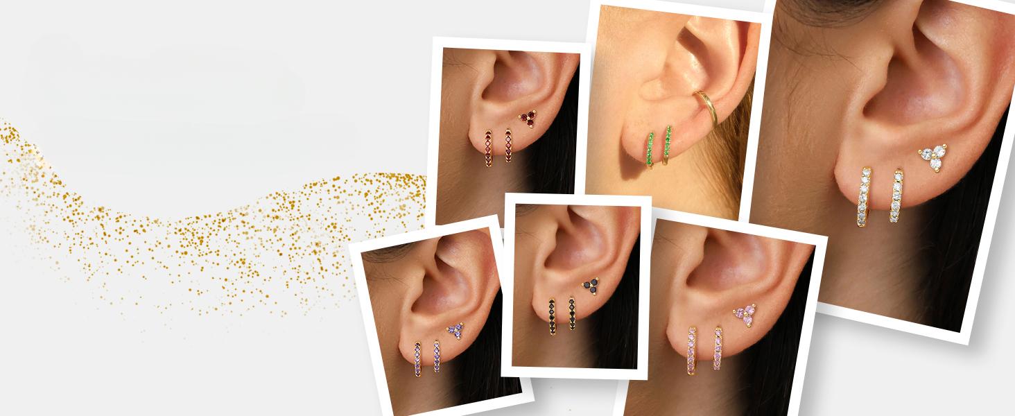3-Pair Women's Small Hoop Earrings Set, Diamond Shamrock Stud Huggie Cartilage Earrings for Multiple Piercings, Trendy St. Patrick's Day Holiday Jewelry Gifts
