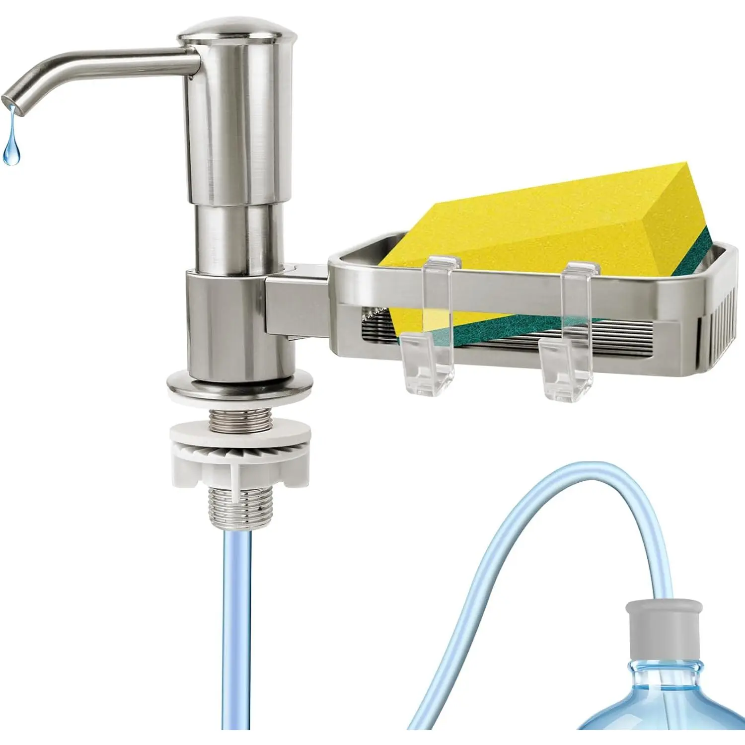 Soap Dispenser for Sink, in Sink Soap Dispenser Pump with Sponge Holder, Brushed Nickel ABS Sink Dish Soap Dispensers Counter, with 39" Extension Tube Kit,No Refill Needed