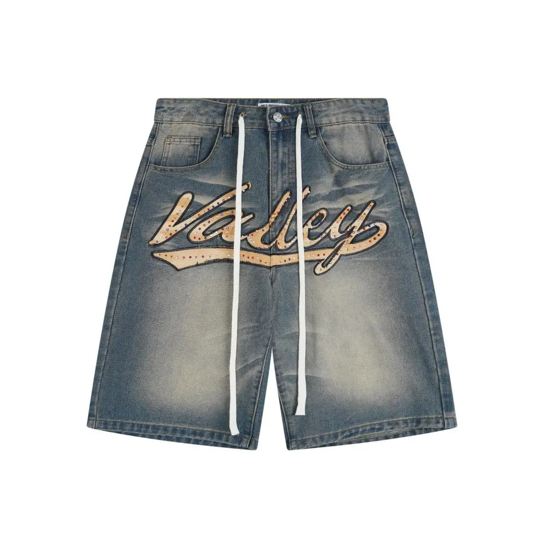 VALE Unisex Vintage Washed Rhinestone Baggy Denim Jorts, Letter Embroidery Distressed Knee Length Jeans Shorts, Bling Y2K Harajuku Hip Hop Streetwear Sparkly Summer Outdoor Sports Denim Shorts | denim jorts | rhinestone denim shorts | tiktok shop deals