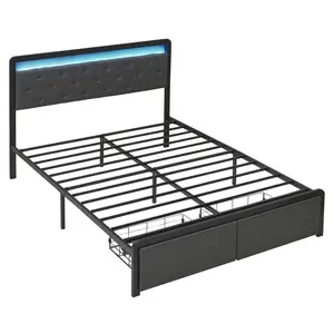 Full Size Bed Frame with Led Light Headboard, Upholstered Bed Frame with Headboard and 2 Storage Drawers, No Box Spring Needed, Easy Assembly