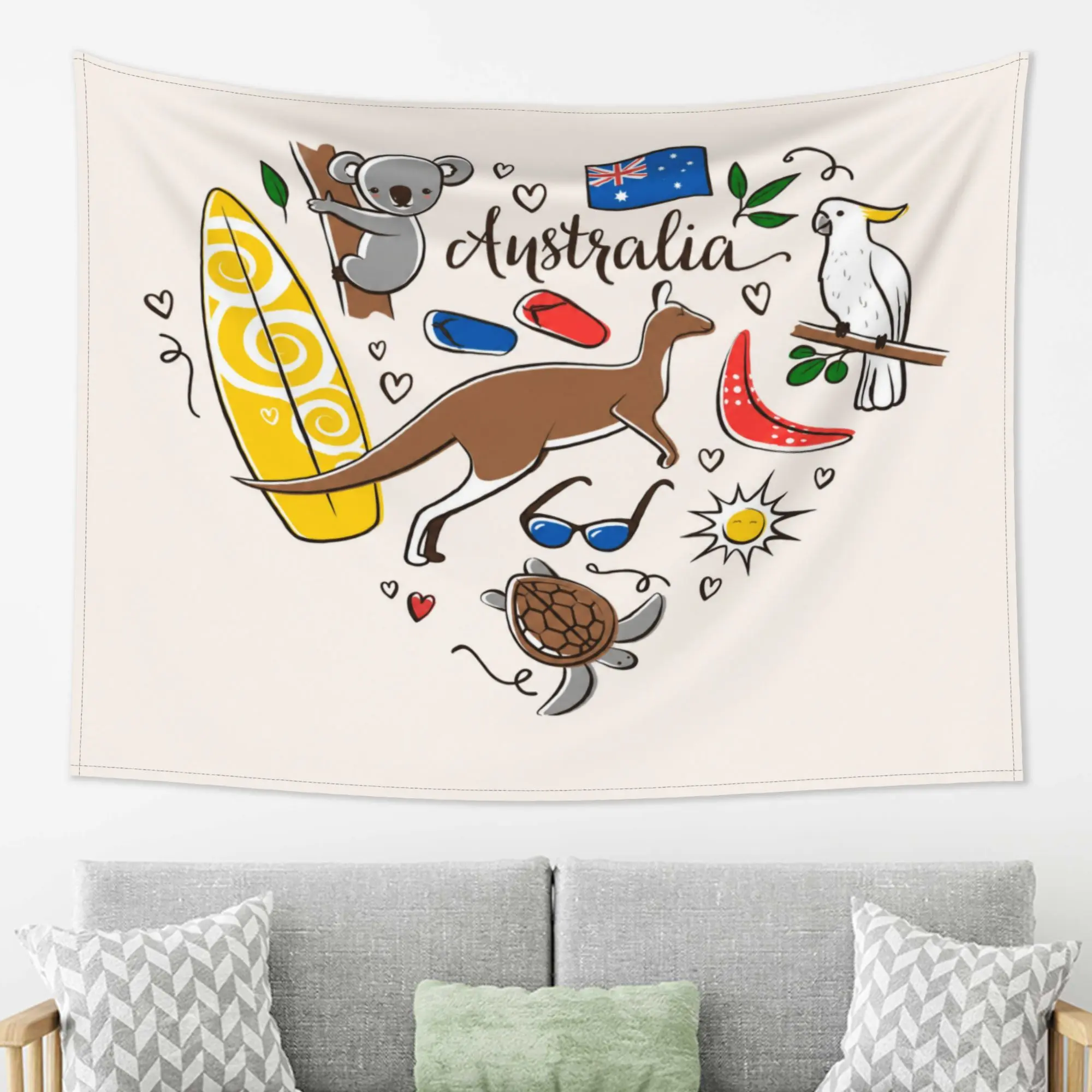 Australia Souvenir Smooth Tapestry Wall Decor - Cute Cartoon Kangaroo, Koala, Cockatoo & Surfboard Print, Australian Flag & Landmarks Artwork Photo Gift for Bedroom, Living Room