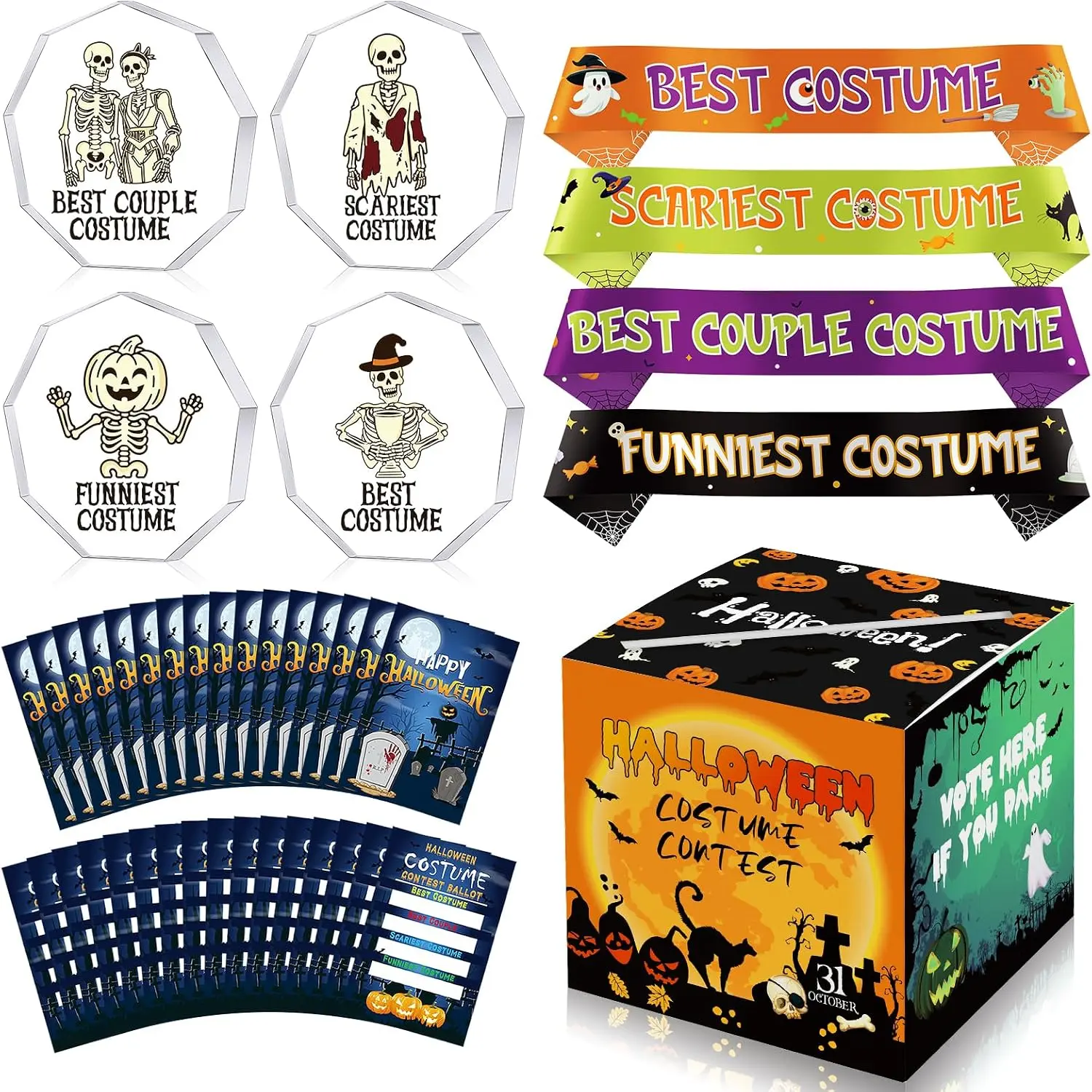 59 count Halloween Costume Contest Awards for Adult Halloween Party Supplies | 4  Skeleton Halloween Trophies, 4 Award Sashes, Ballot Box, 50 Voting Cards