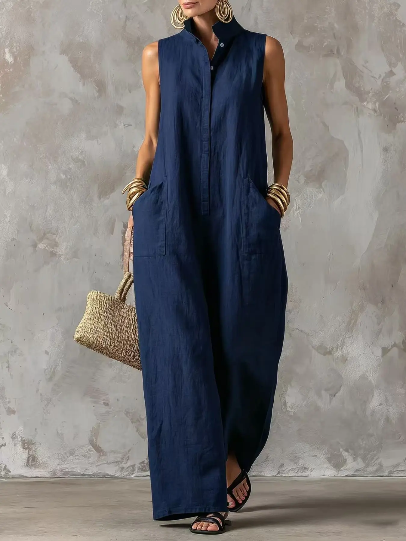 Women's Linen Sleeveless Romper, Stand Collar Half Button Wide Leg Pocket, Boho Style Loose Fit, Floor Length, All Seasons
